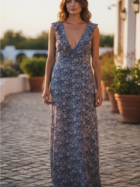 Db Studio Dresses & Skirts - Sleeveless Blue Floral V-Neck Ruffle Maxi Dress